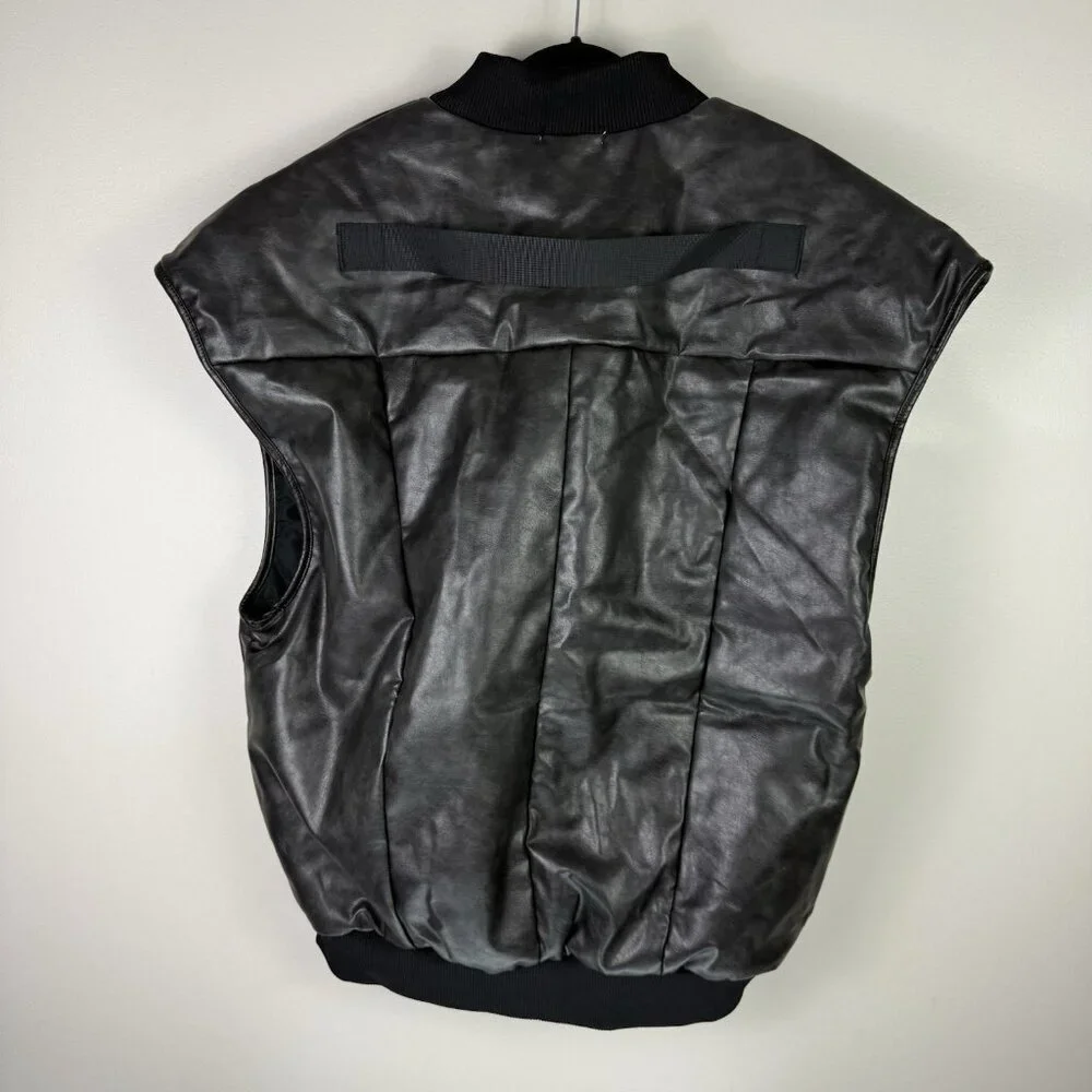 MNML Leather Bomber Vest Black Oversized Streetwear Zip Jacket Mens Large